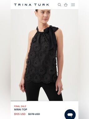NWT- Trina Turk  Mirai Black Halter Floral Appliqué Top